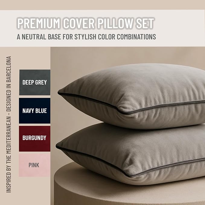 2 Pack Velvet Decorative Throw Pillow Covers, Dove Grey, Contrast Piping - Image 2