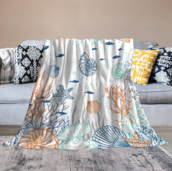 Nautical Coastal Blanket, Starfish Seashell Coral Beach Themed Drapes Ocean - Image 6