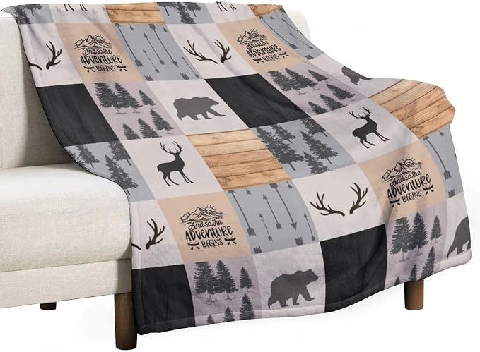 Rustic Cabin Throw Blanket, Retro Camping Bear Deer Farmhouse Wildlife Tree by JanJCurt