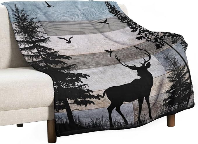 Rustic Deer Throw Blanket, Retro Cabin Farmhouse Country Lodge Blue Brown by JanJCurt