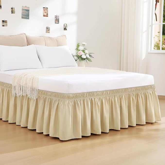 RIMELA Beige White Bed Skirt Queen Size 15 Inch Drop, Elastic Bed Skirting - Image 2