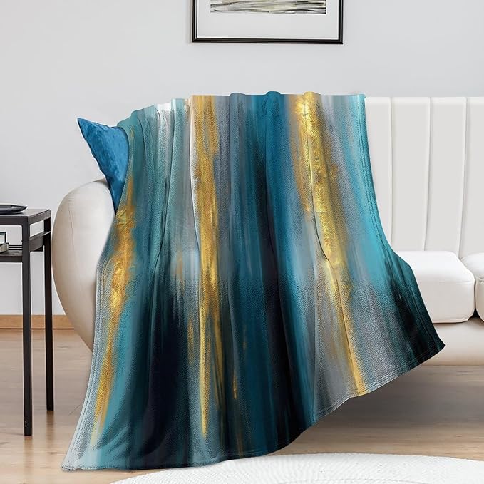 Fashion Gradient Blanket, Modern Abstract Art Gold Lake Blue Painting Strokes by Unknown
