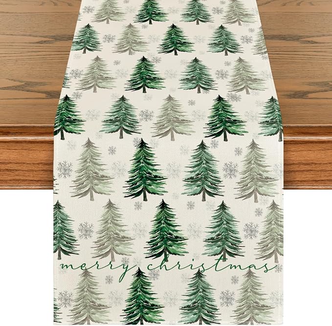 Artoid Mode Xmas Trees Snowflake Christmas Table Runner, Seasonal Winter Green by ArtoidMode
