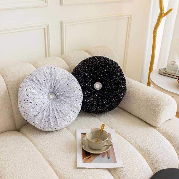 Round Throw Pillow, 13.7in Soft Solid Color Sequin Glitter Decorative Round - Image 4