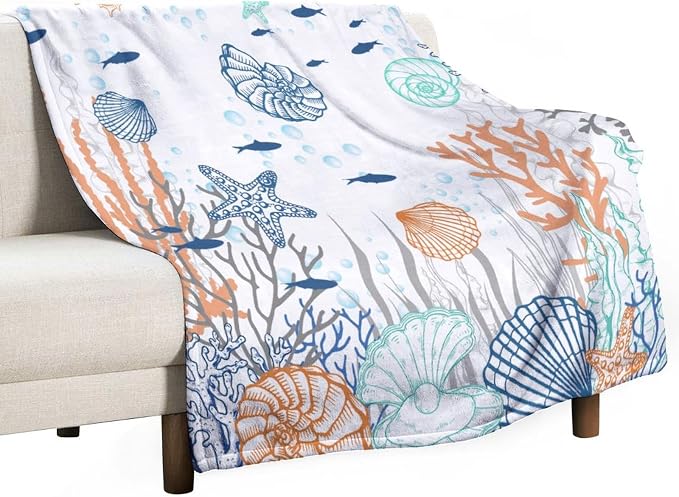 Nautical Coastal Blanket, Starfish Seashell Coral Beach Themed Drapes Ocean by JanJCurt