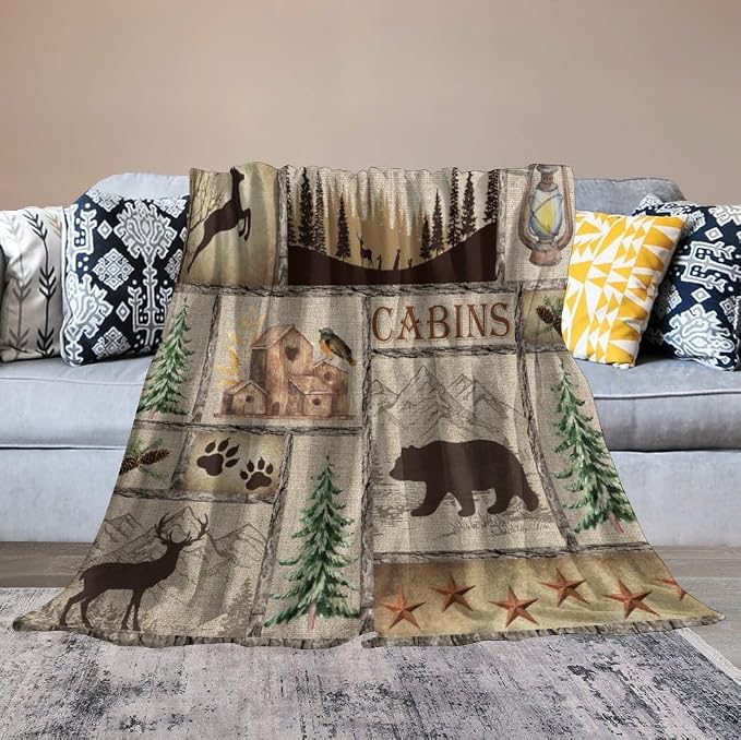 Rustic Cabin Bear Blanket, Lake Country Lodge Bear Deer Forest Farmhouse Camp - Image 6
