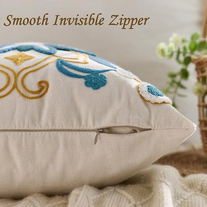 Embroidered Throw Pillow Cover 20x20 Classic Boho Floral Pattern Pillows Cover - Image 3
