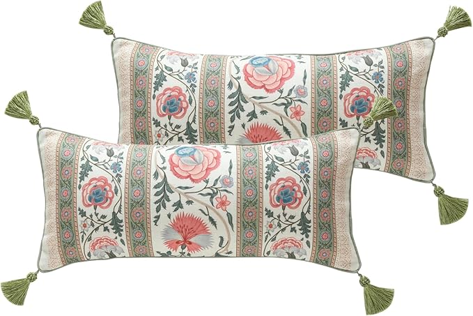 ISAENNE Design Lumbar Retro Elegance Linen Throw Pillow Covers 12"x28" Pack of 2 by Isaennehomedecoration
