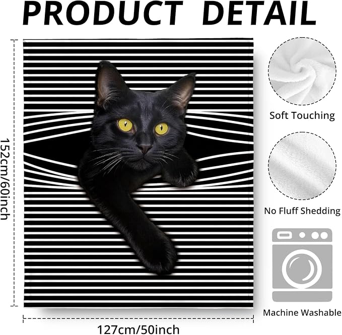 Funny Black Cat Blanket, Funny Cats Black and White Striped Throw Blankets - Image 3