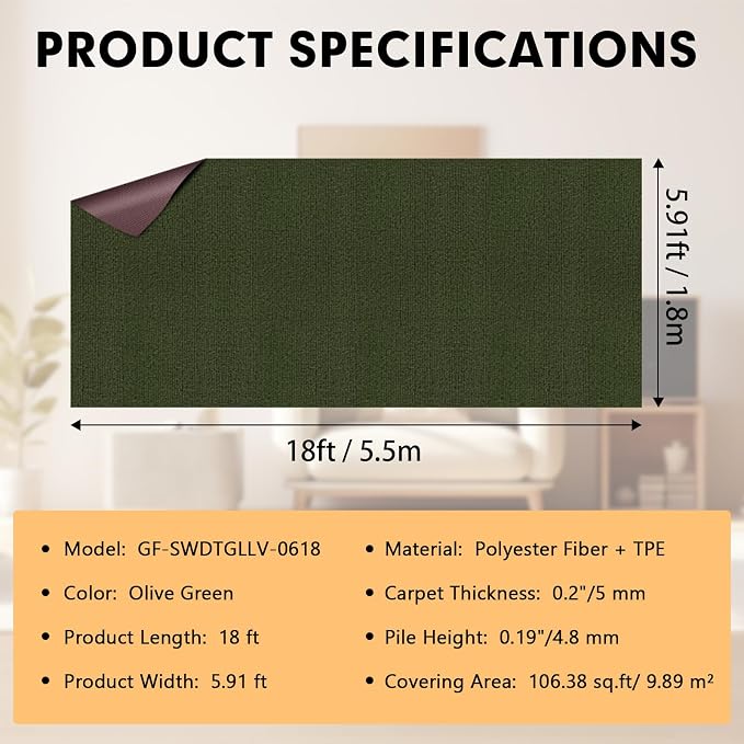 Marine Carpet, 6 FT x 18 FT Olive Green Indoor Outdoor Carpet 0.2" Thick - Image 2