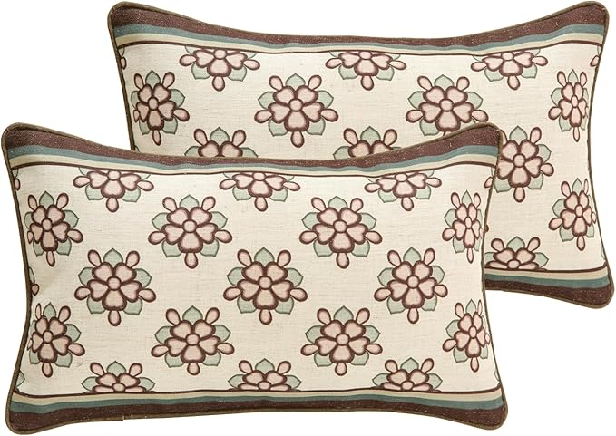 ISAENNE Design Lumbar Brown Floral Linen Throw Pillow Covers 12"x20" Pack of 2 by Isaennehomedecoration