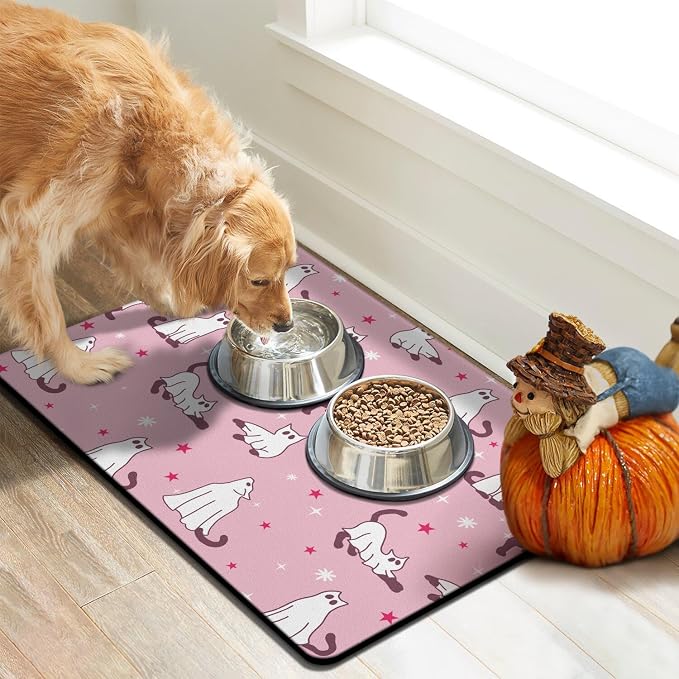 Halloween Dog Food Mats for Floors Pink, Absorbent Dog Bowl Mat for Food and - Image 2