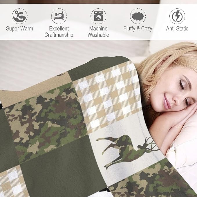 Camouflage Deer Blanket, Vintage Camo Green Beige Plaid Rustic Cabin Wildlife - Image 4