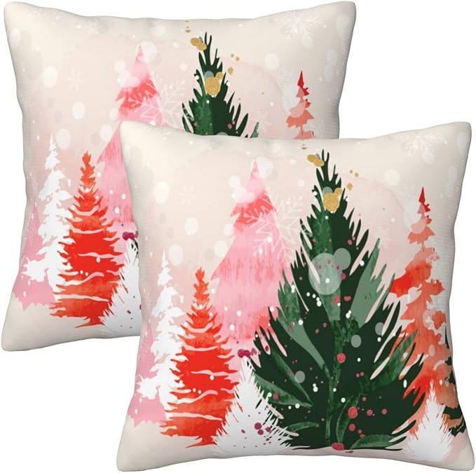bassyil Christmas Tree Watercolor Throw Pillow Covers Decorative Linen Pillow by bassyilCustomizedforlife