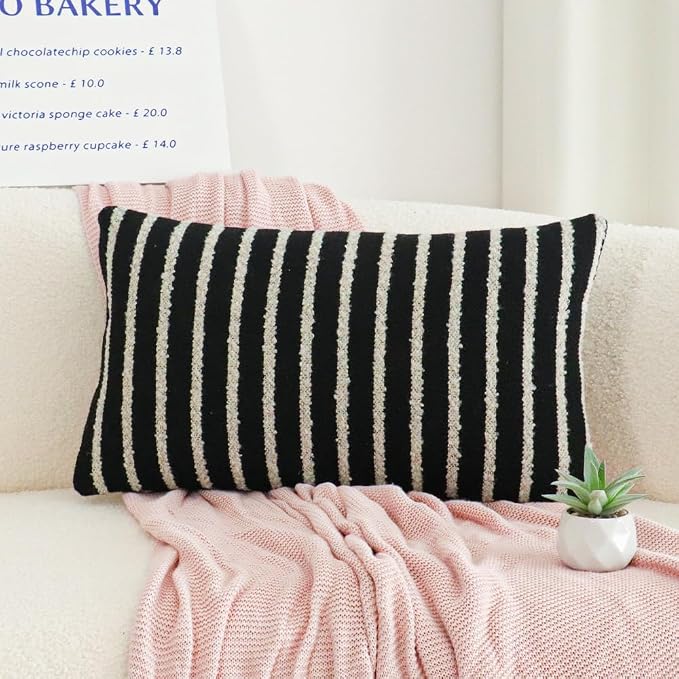 Jonhier Black Striped Lumbar Boho Throw Pillow Cover, Modern Boucle Textured - Image 3