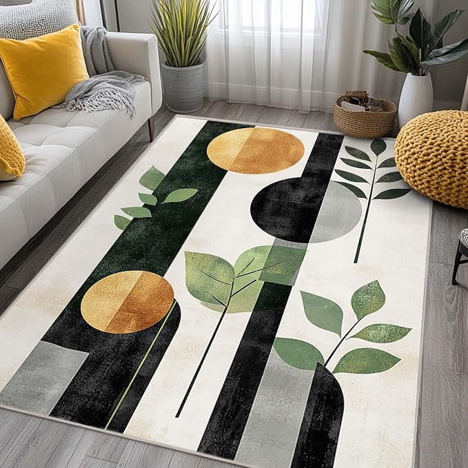 6x9 Boho Area Rug Green Leaf Black White Golden Rug Non Slip Low Pile Large - Image 2