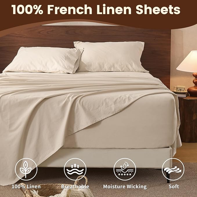 100% Linen Sheet Set King Size Extra Deep Pocket Fits 18-24 Inch Mattress - Image 4
