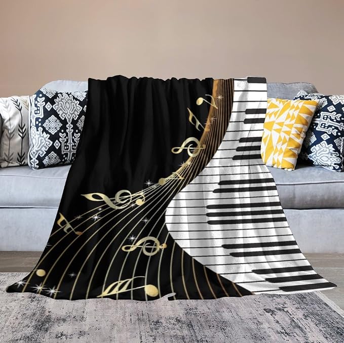 Music Note Blanket Black White Piano Keys Gold Music Note Soft Cozy Lightweight - Image 4