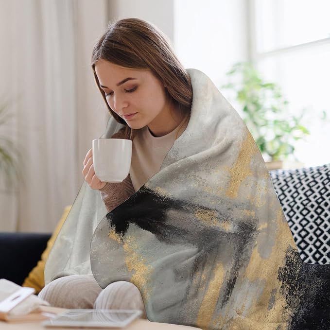 Fashion Gradient Blanket, Modern Abstract Baroque Glod Grey Painting Strokes - Image 7
