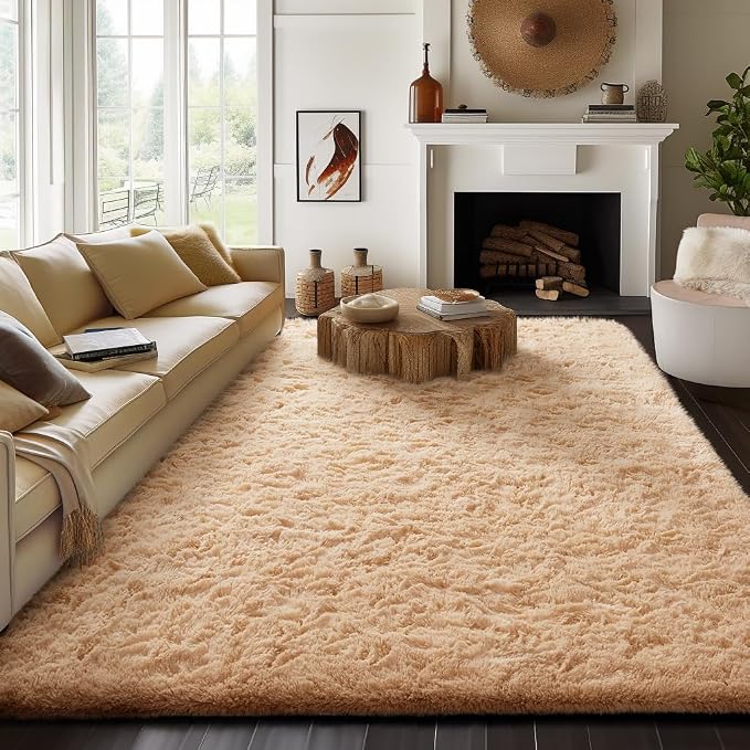 Ophanie 8x10 Beige Area Rugs for Living Room, Large Shag Bedroom Carpet by Ophanie