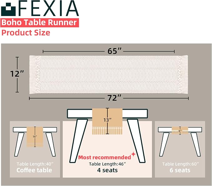 Fexia Table Runner with Tassels Boho Macrame 72 Inches Long Cream Rustic Table - Image 2