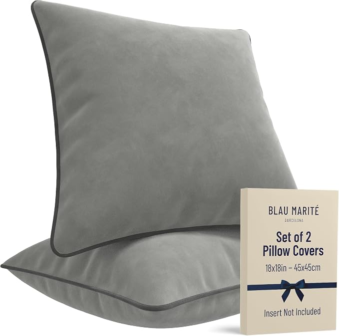 2 Pack Velvet Decorative Throw Pillow Covers, Dove Grey, Contrast Piping by BLAUMARIT%C3%89