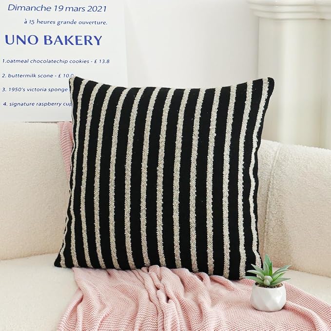 Jonhier Black Striped Boho Throw Pillow Cover, Modern Boucle Textured Square - Image 2