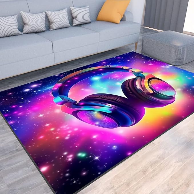 Galaxy Game Area Rug Music Headphone Rugs Colorful Throw Rug Non-Slip Carpet - Image 4