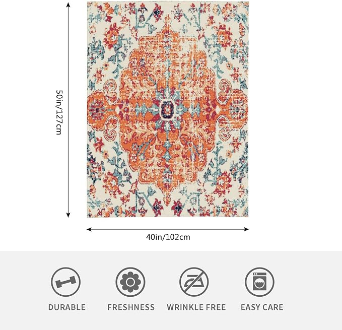 HGOD DESIGNS Carpet Pattern Throw Blanket Boho Style Ethnic Design Orange Blue - Image 2