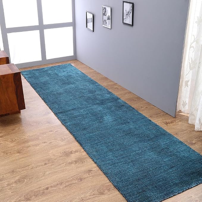 Rugsotic Carpets Hand Knotted Gabbeh Wool 2'6''x10' Runner Rug Solid Blue L00111 by GetMyRugsLLC