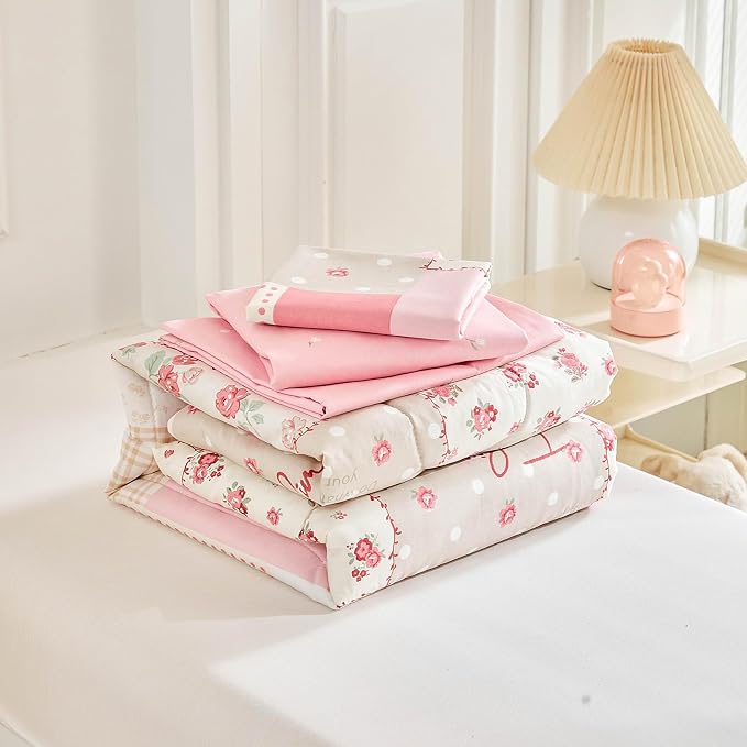 Joyreap 4 Piece Cotton Toddler Bedding Set- Pink Flower Plaids Patchwork Design - Image 4