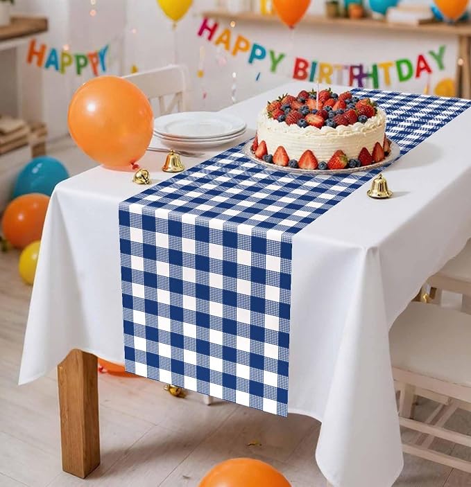 6 Pcs Navy Blue and White Checkered Table Runner Plastic 14 x 108 Disposable - Image 2