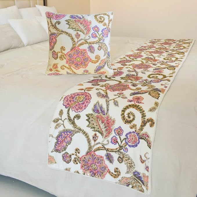 The HomeCentric King/Queen/Twin White & Pink Designer King 90"x18" Bed Runner by TheHomeCentric