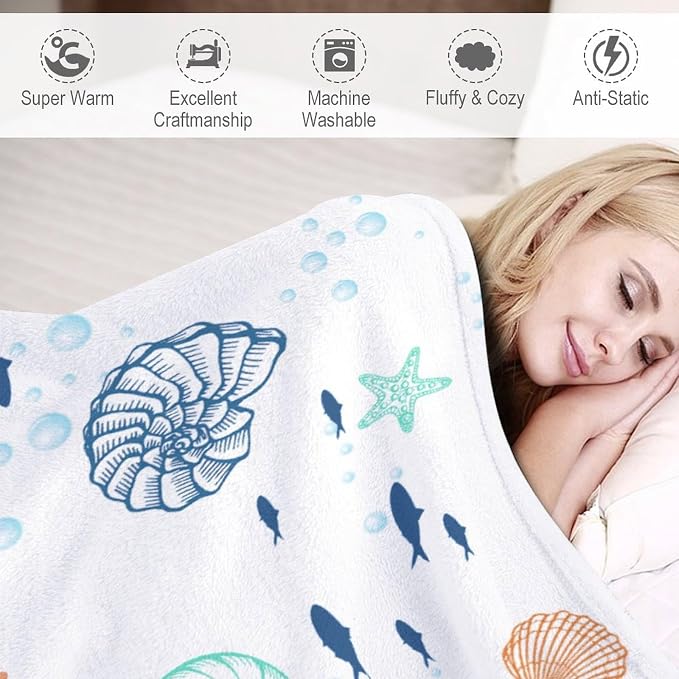 Nautical Coastal Blanket, Starfish Seashell Coral Beach Themed Drapes Ocean - Image 4