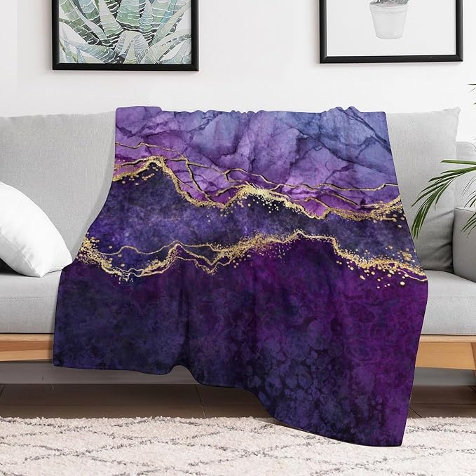 Modern Marble Blanket, Abstract Luxury Baroque Art Golden Purple Stone Veins - Image 6