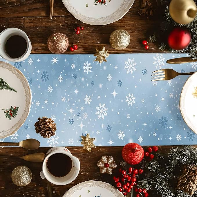 Blue Snowman Christmas Table Runner, 18x72 Inch, Xmas Tree Table Runners Elk - Image 3