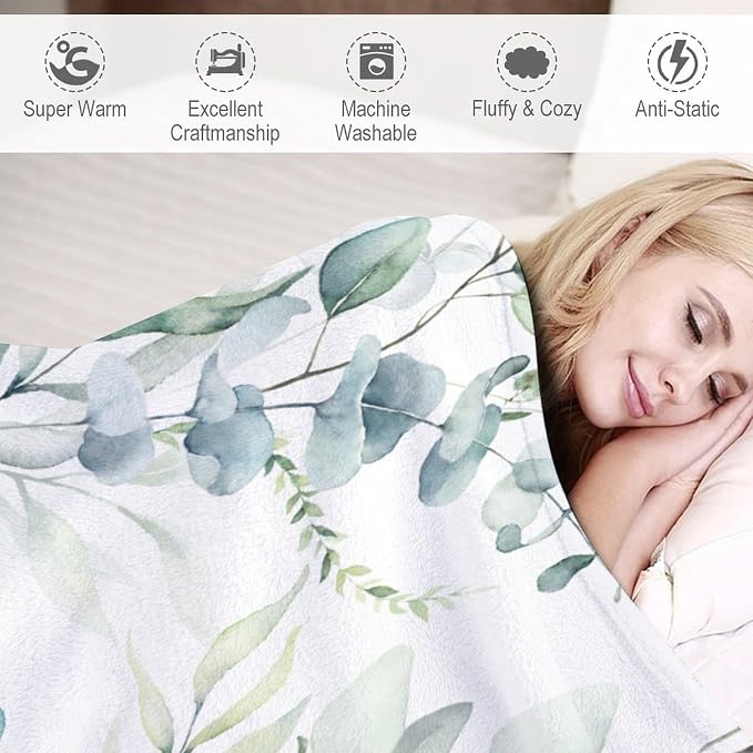 Eucalyptus Leaf Throw Blanket, Watercolor Floral Spring Botanical Green Plants - Image 4