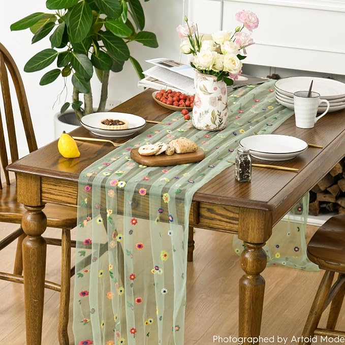 Artoid Mode Sage Green Embroidery Daisy Gauze Table Runner 120 Inch 10FT - Image 4