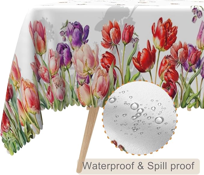 70x108inches Floral Tablecloth Red Purple Tulip Flowers Blooming Rectangle - Image 2