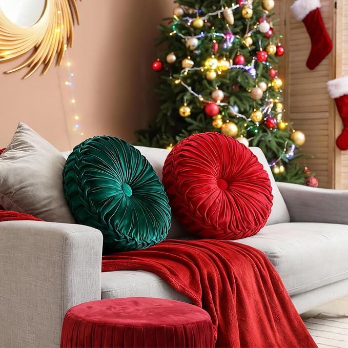 2 Pcs Round Throw Pillows 15 Inch Decorative Velvet Pleated Pumpkin Floor Boho - Image 4