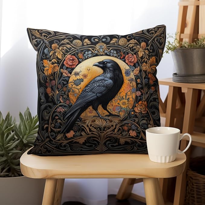 William Morris Abstract Vintage Floral Velvet Black Crow Design Throw Pillow - Image 2