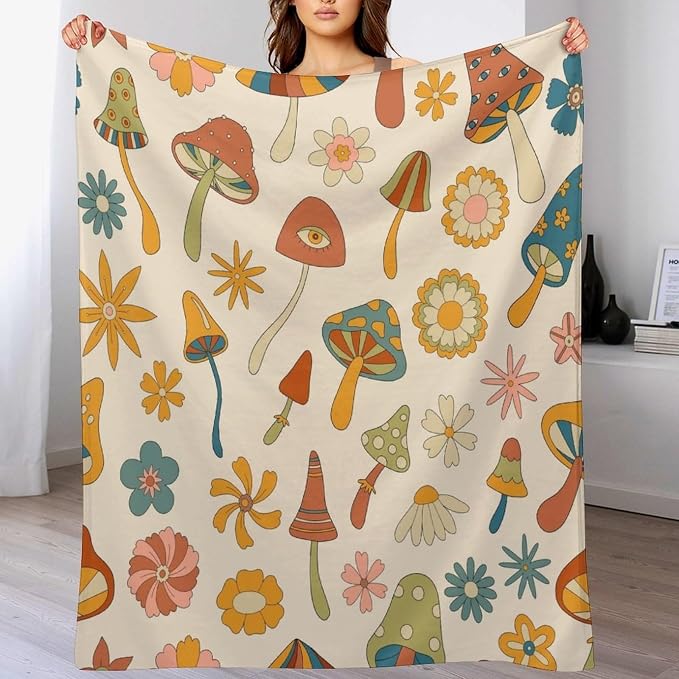 70s Mushroom Throw Blanket, Retro 60s Groovy Mushroom Boho Hippie Flowers Print - Image 8