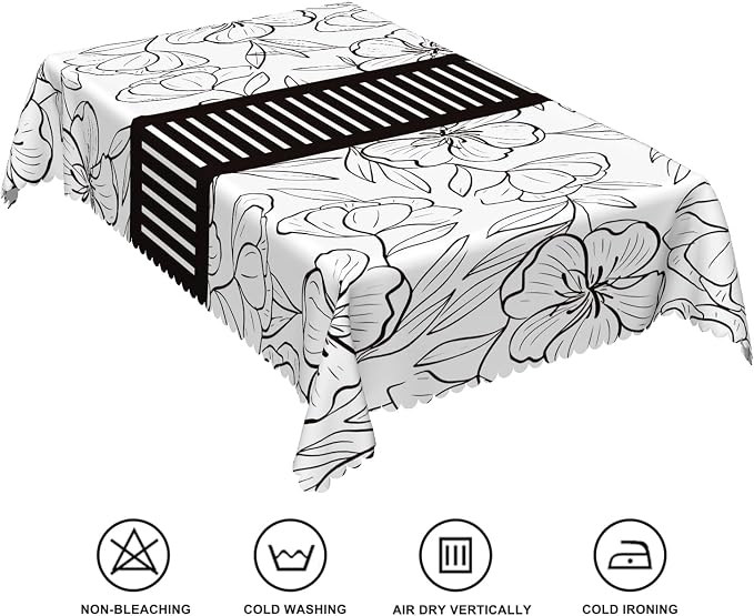 54x120inches Floral Rectangle Tablecloth Black and White Sketch Floral Printed - Image 6