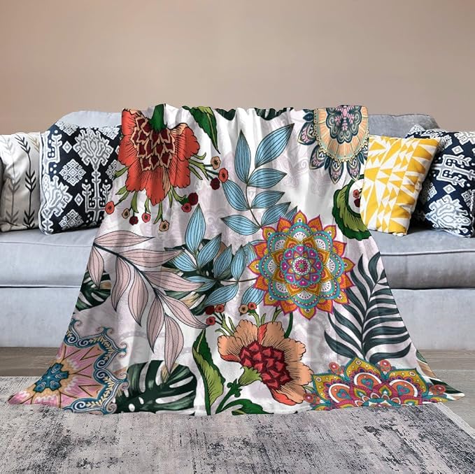 Boho Flowers Blanket for Women Girls, Rustic Bohemian Mandala Palm Leaves - Image 6