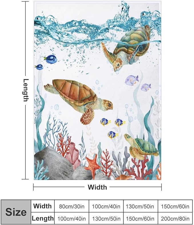 Sea Turtle Throw Blanket, Teal Blue Ocean Underwater Animal Starfish Fish - Image 2