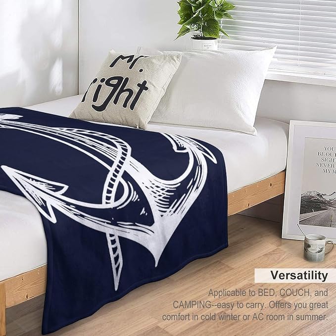 Anchor Blanket Retro Abstract Nautical Navy Blue White Soft Cozy Lightweight - Image 3