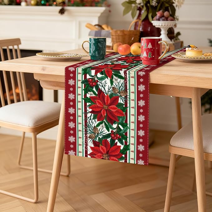 OTOSTAR Snow Holly Pinecone Christmas Red Flower Table Runner, Xmas Seasonal - Image 8