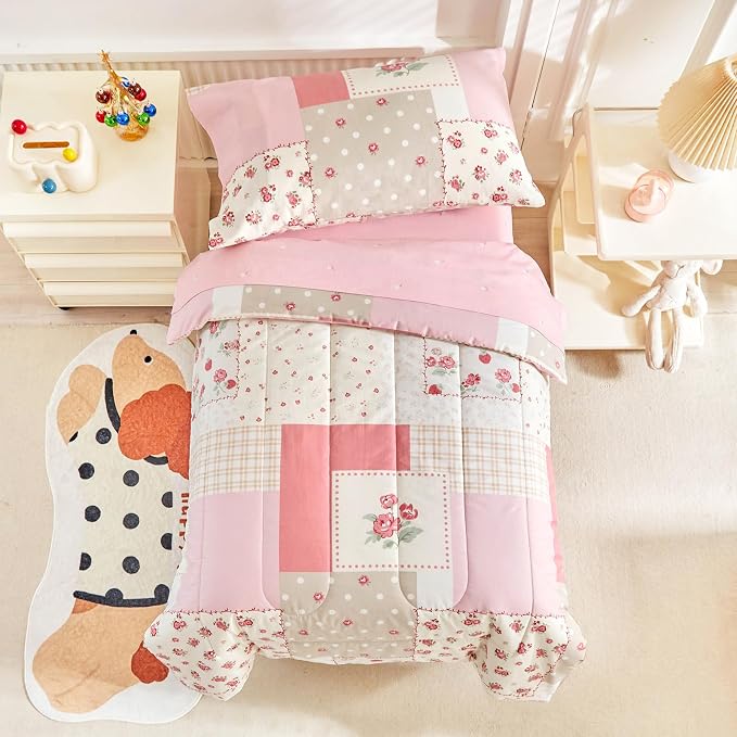 Joyreap 4 Piece Cotton Toddler Bedding Set- Pink Flower Plaids Patchwork Design by Joyreap
