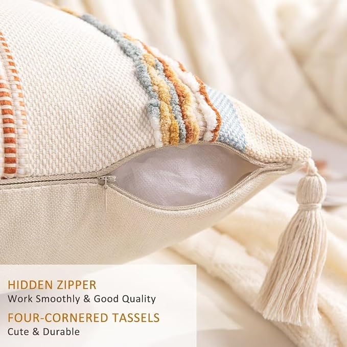 Boho Throw Pillow Covers 18x18 Set of 2 Woven Tufted Farmhouse Pillows Cover - Image 3