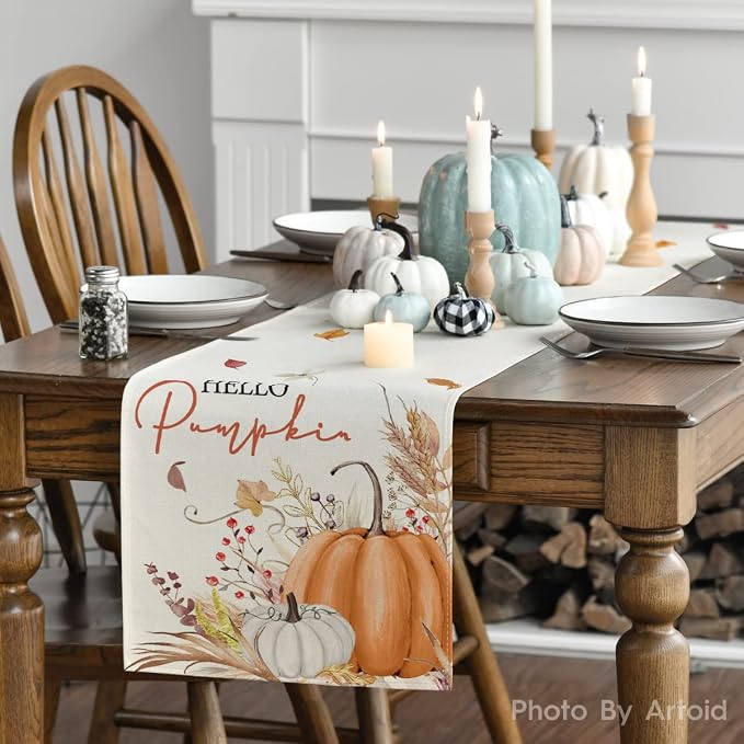 Artoid Mode Hello Pumpkin Leaves Fall Table Runner, Seasonal Autumn Kitchen - Image 3